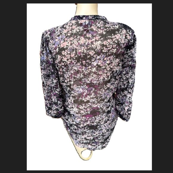 Ladies 'ELLE' Blouse S Purple Multi Floral Sheer V Neck Preowned - Picture 2 of 8